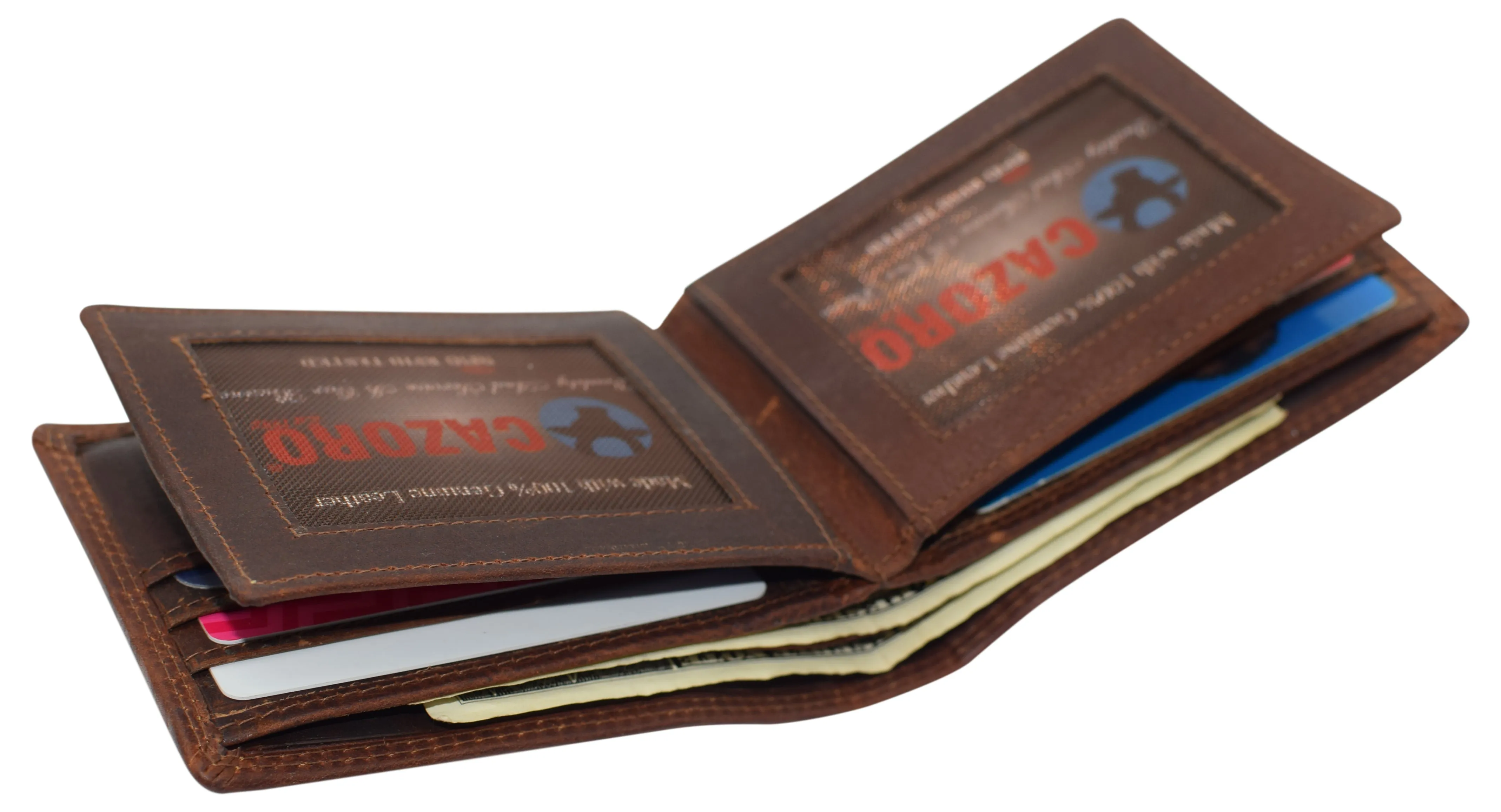 RFID921852RHBD CAZORO Wallets For Men Vintage Leather RFID Protected Large Bifold Double ID Window Wallet With Box