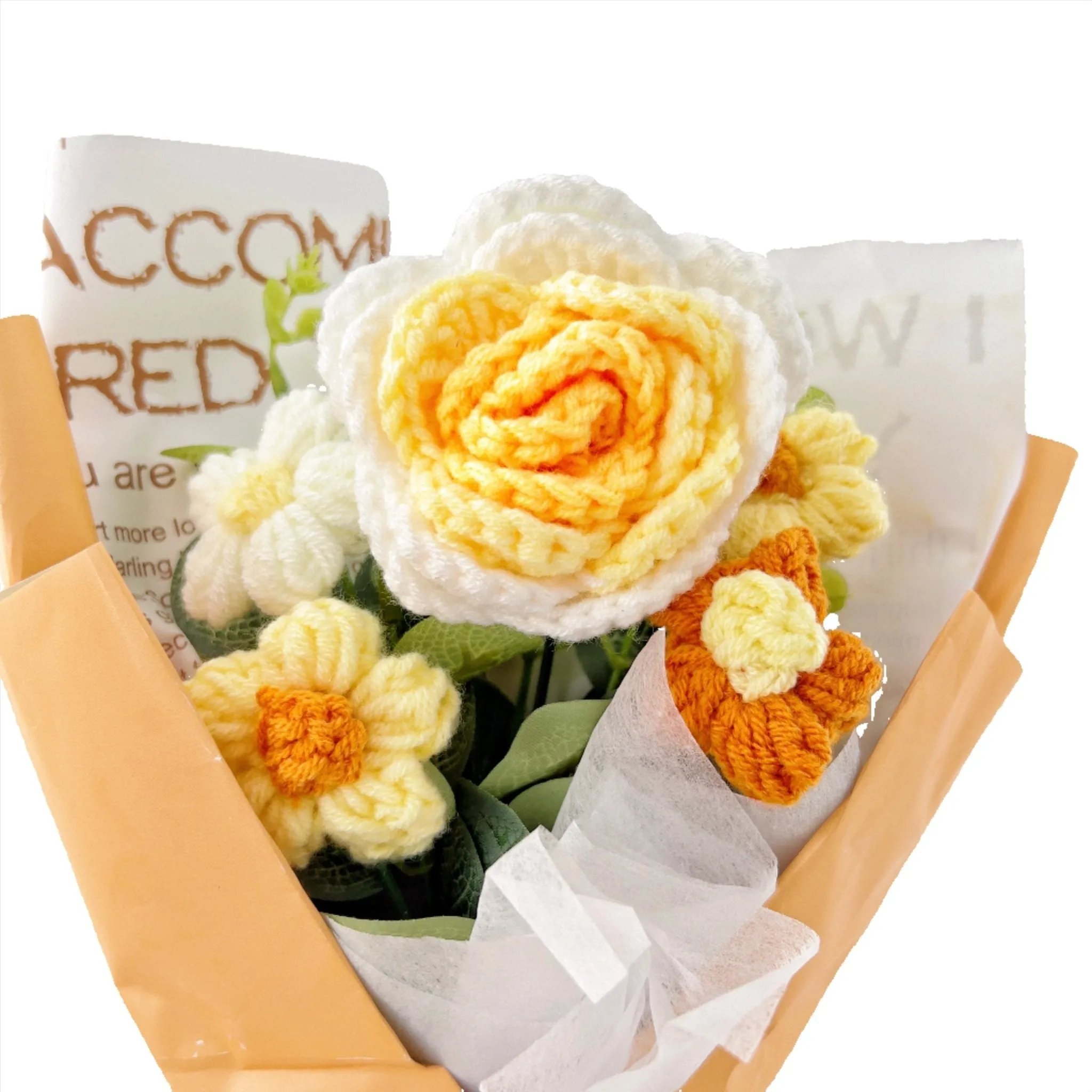 Rose Crochet Flowers Bouquet Knitted Flower Wrap with Light and Bag for Gift Home Decoration Ornaments