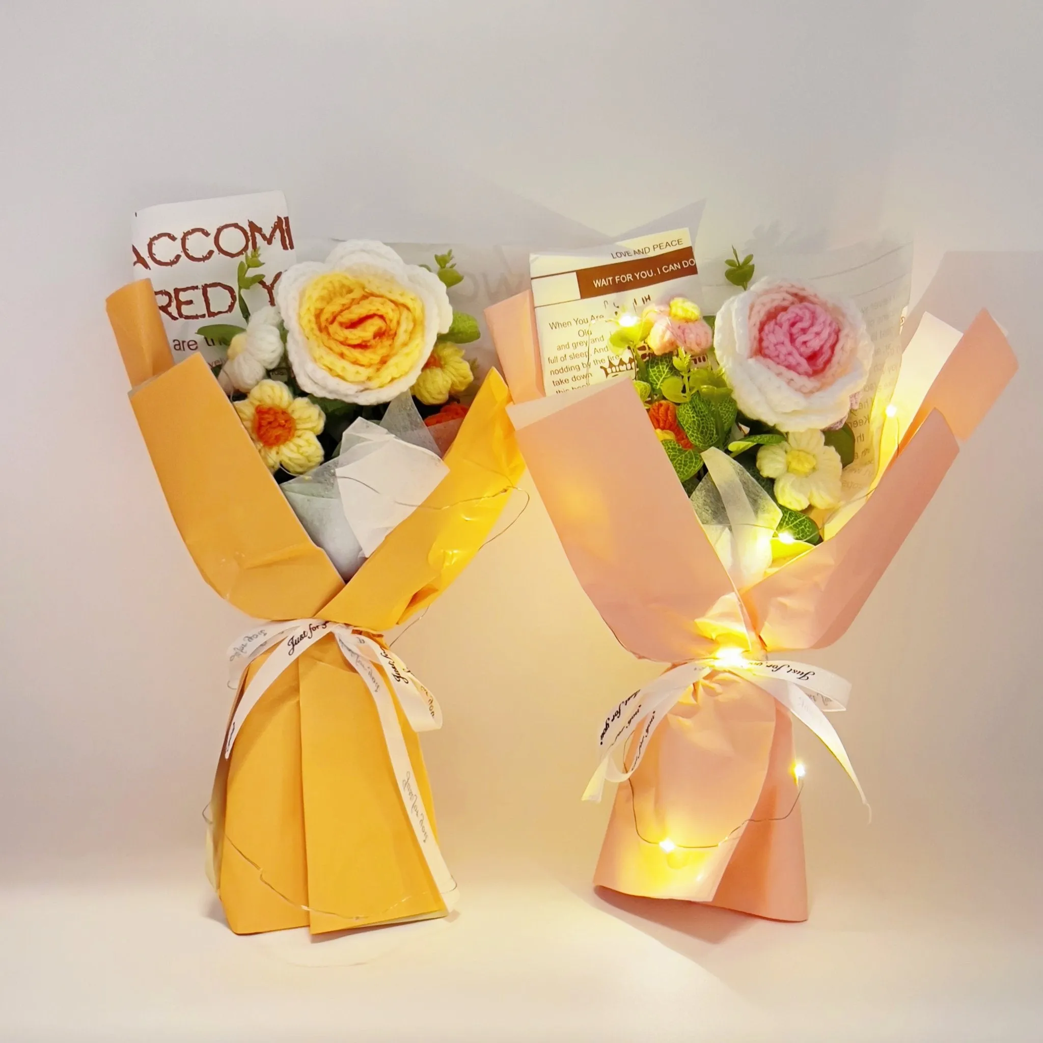 Rose Crochet Flowers Bouquet Knitted Flower Wrap with Light and Bag for Gift Home Decoration Ornaments