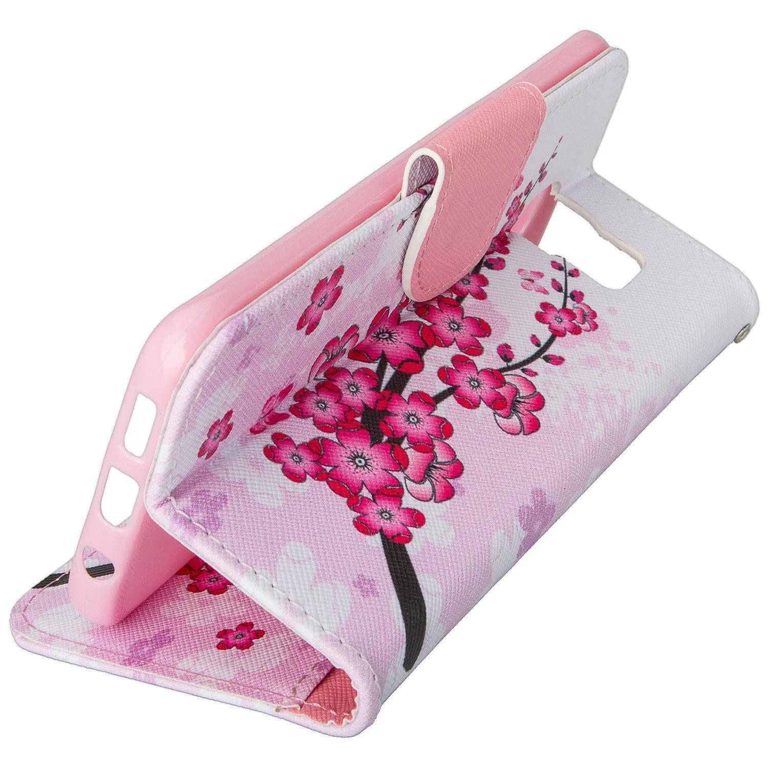 Samsung Galaxy S7 Edge Wallet Case, Wrist Strap Pu Leather Magnetic Flip Fold[Kickstand] with ID & Card Slots for Galaxy S7 Edge -Cherry Blossom