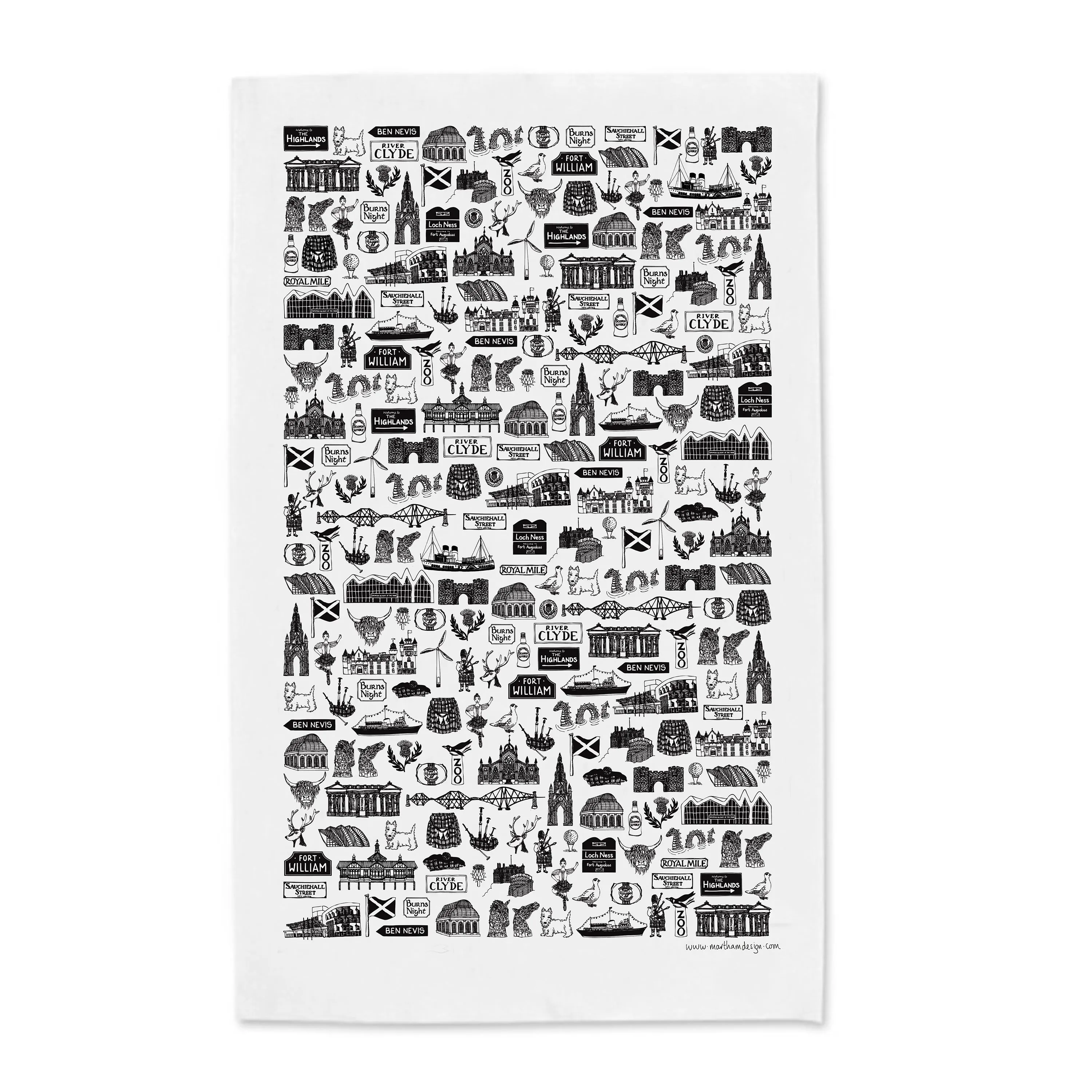 Scottish Illustrated Black And White Tea-towel