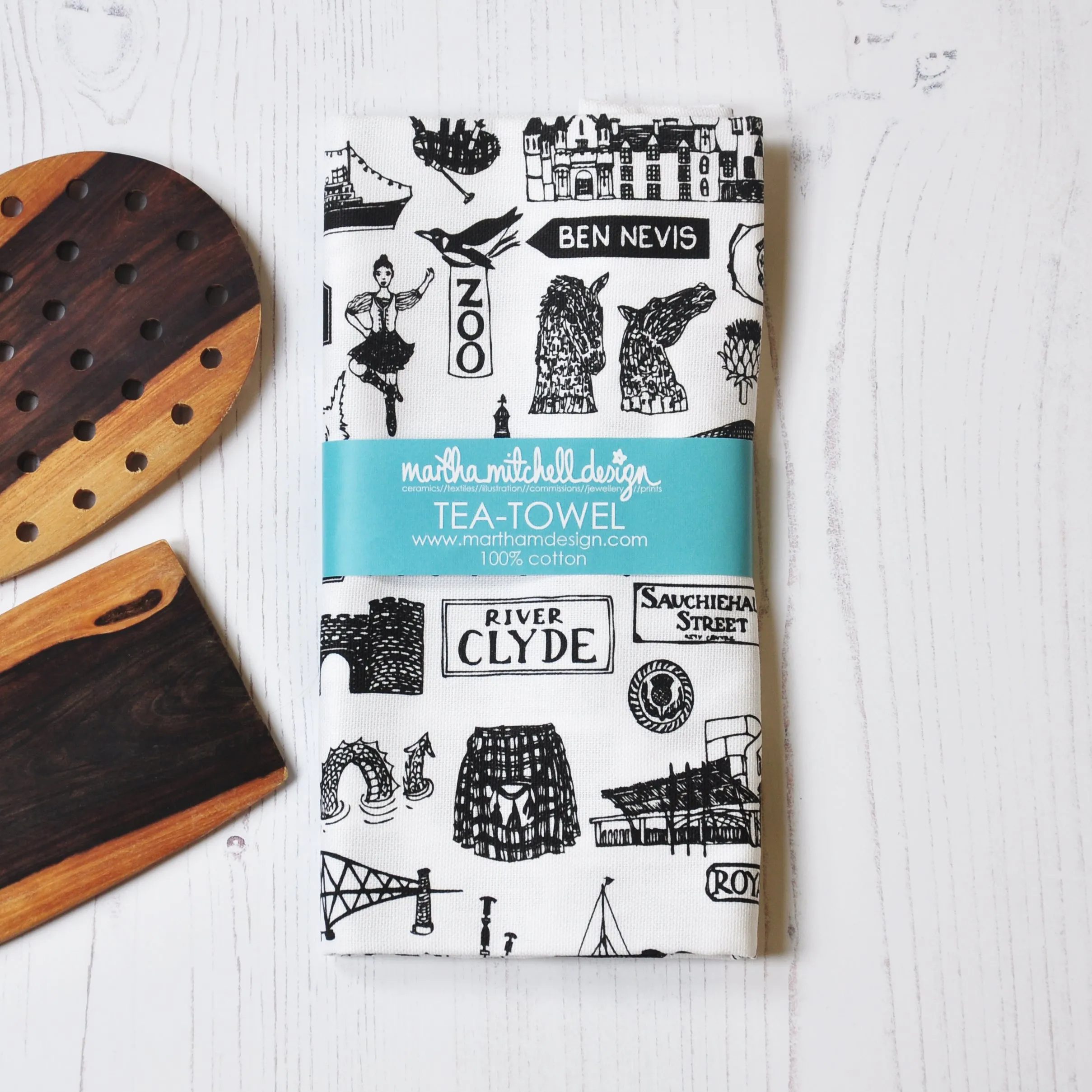 Scottish Illustrated Black And White Tea-towel