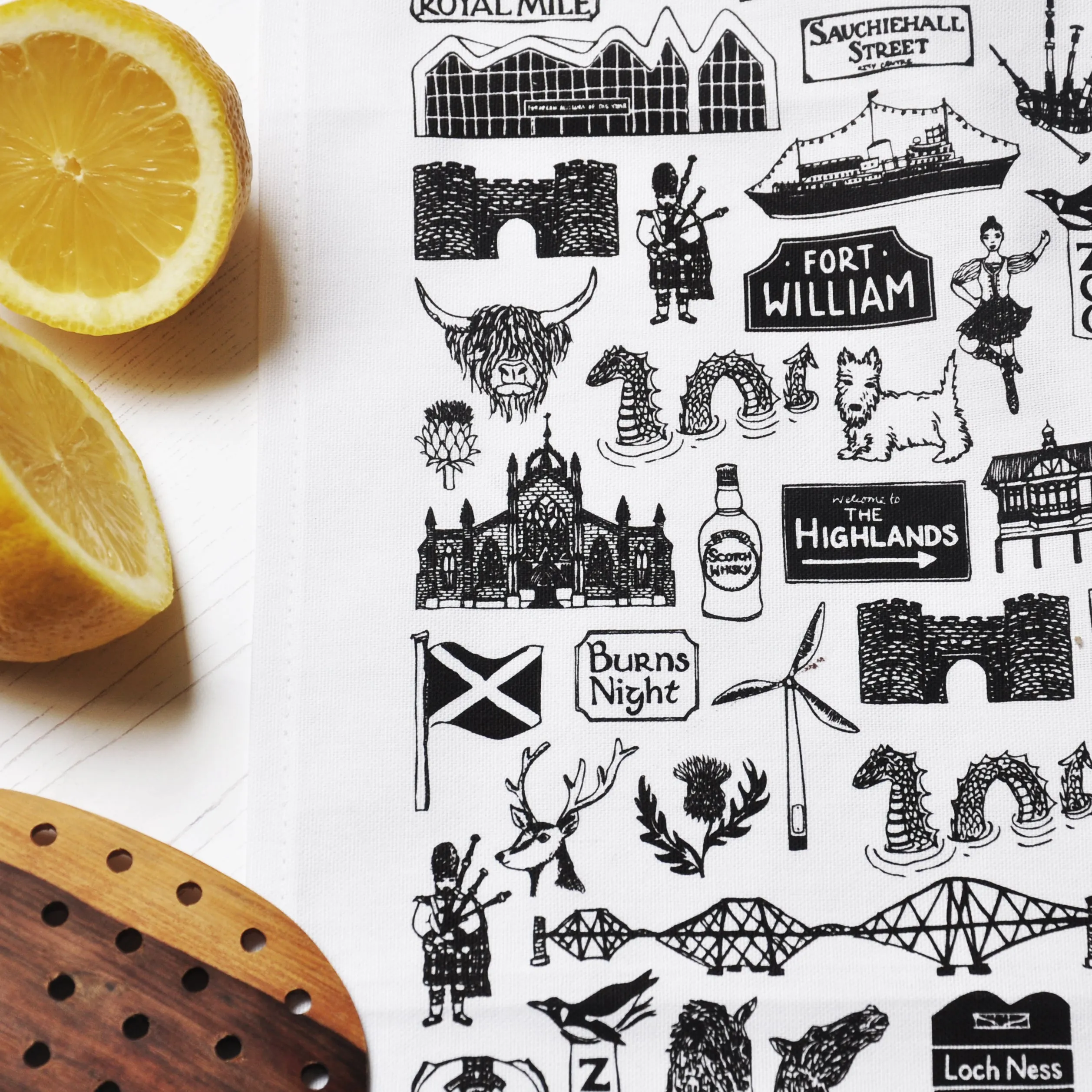 Scottish Illustrated Black And White Tea-towel