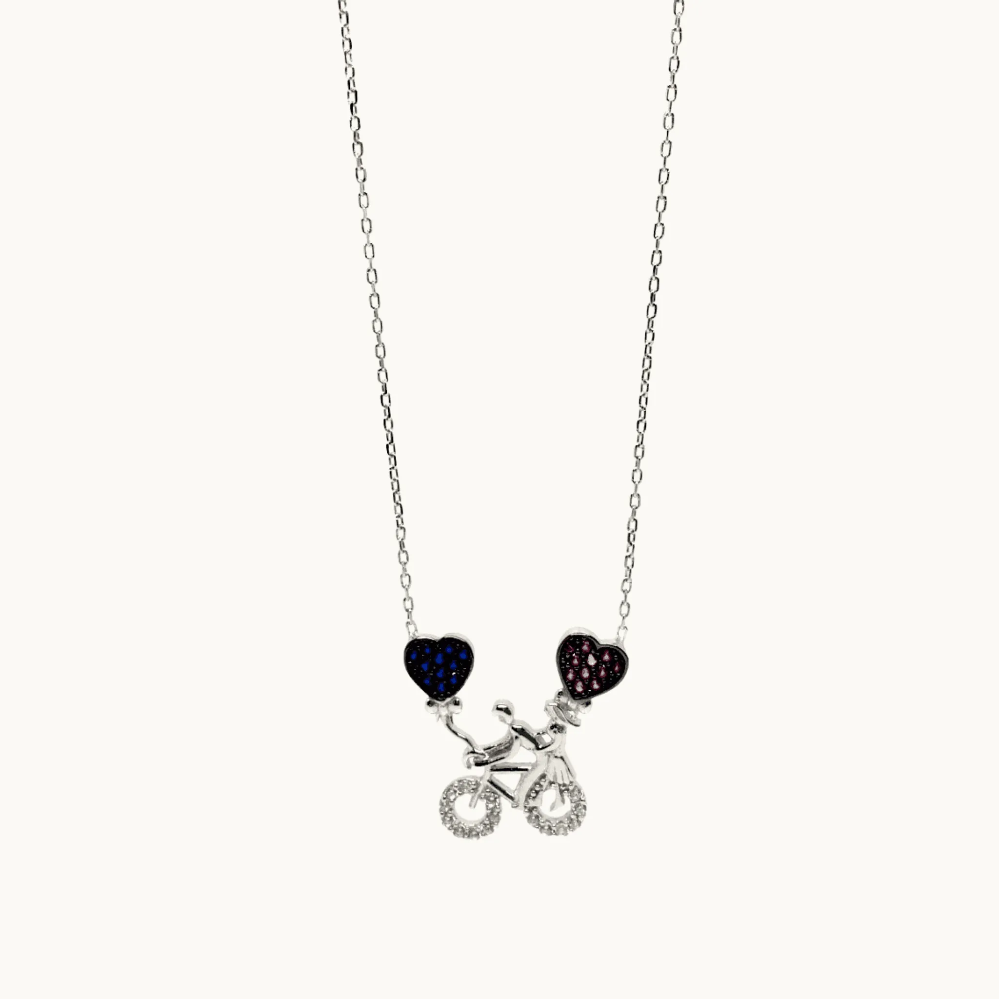 Sterling Silver Bicycle Necklace with Cubic Zirconia Hearts Pendant