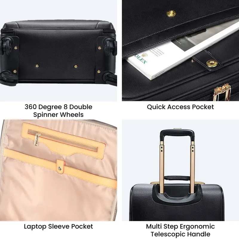 THE CLOWNFISH Luxury Luggage Faux Leather Hardsided Suitcase Spinner 8 Wheel Trolley Bag Travel Laptop Roller Case (Black), H-56 Centimeters