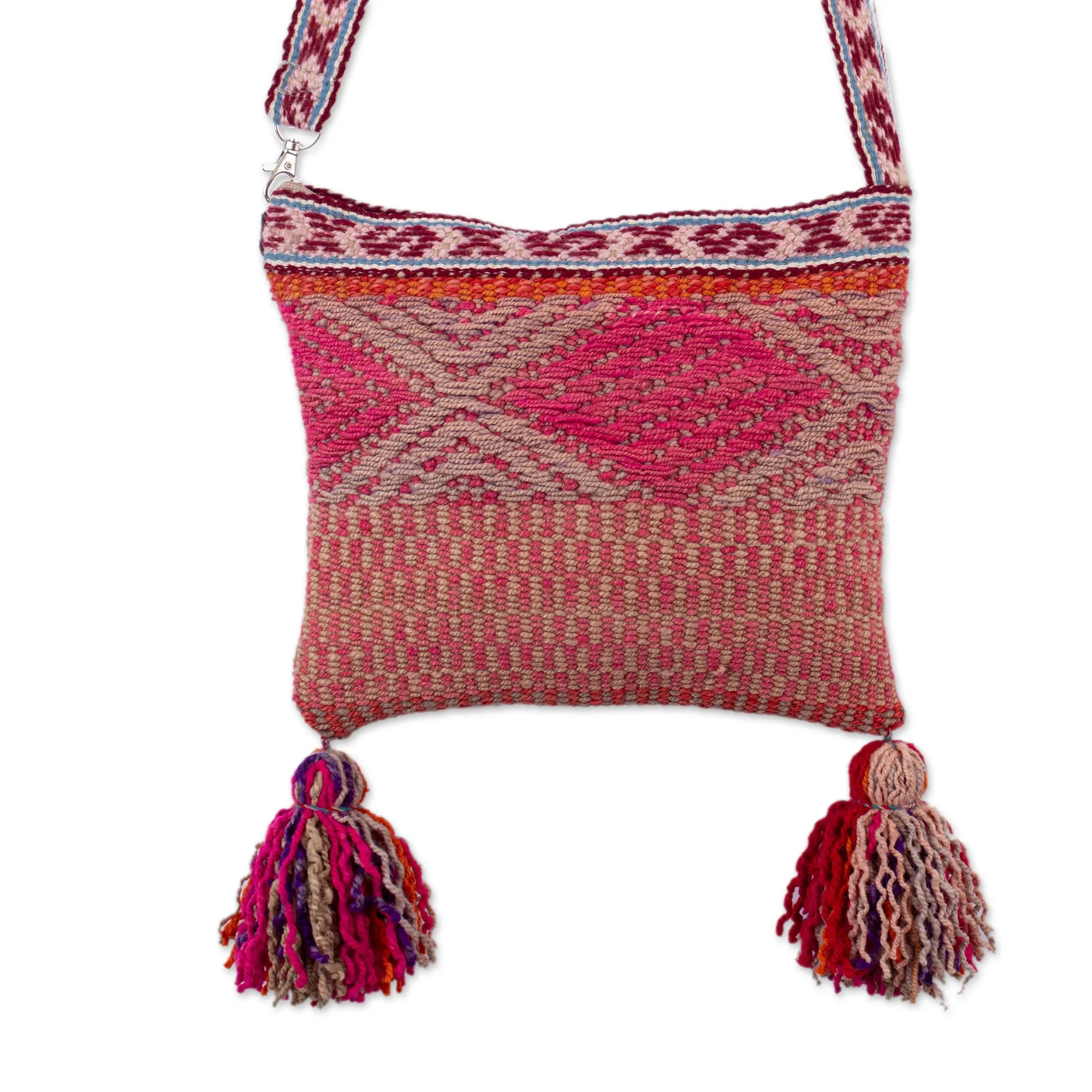 Traditional Handwoven Wool Shoulder Bag with Vibrant Tassels - Andean Trip | NOVICA