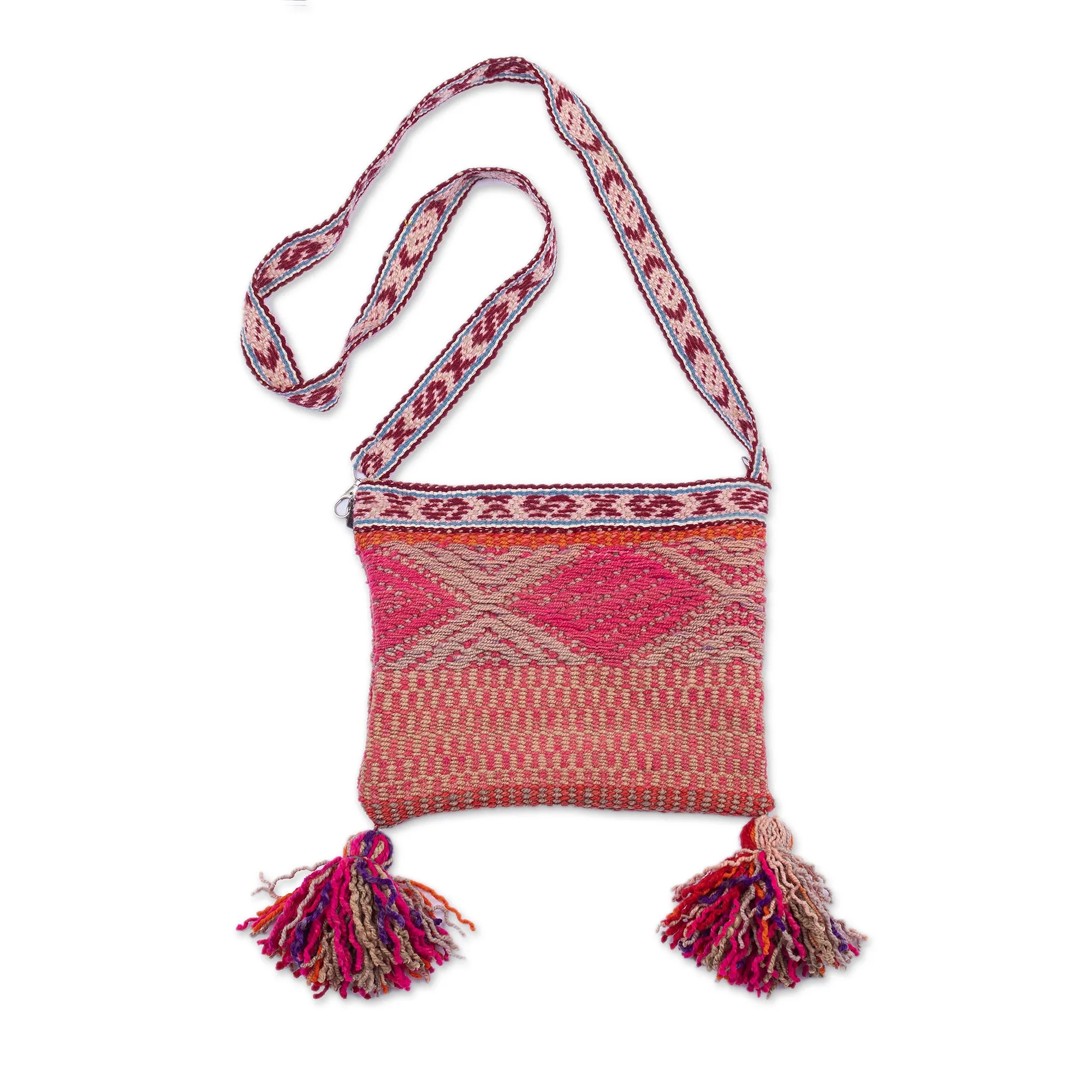 Traditional Handwoven Wool Shoulder Bag with Vibrant Tassels - Andean Trip | NOVICA