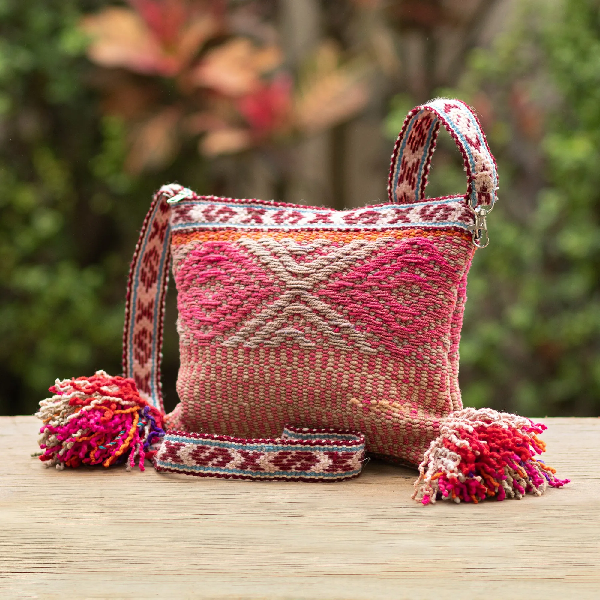 Traditional Handwoven Wool Shoulder Bag with Vibrant Tassels - Andean Trip | NOVICA