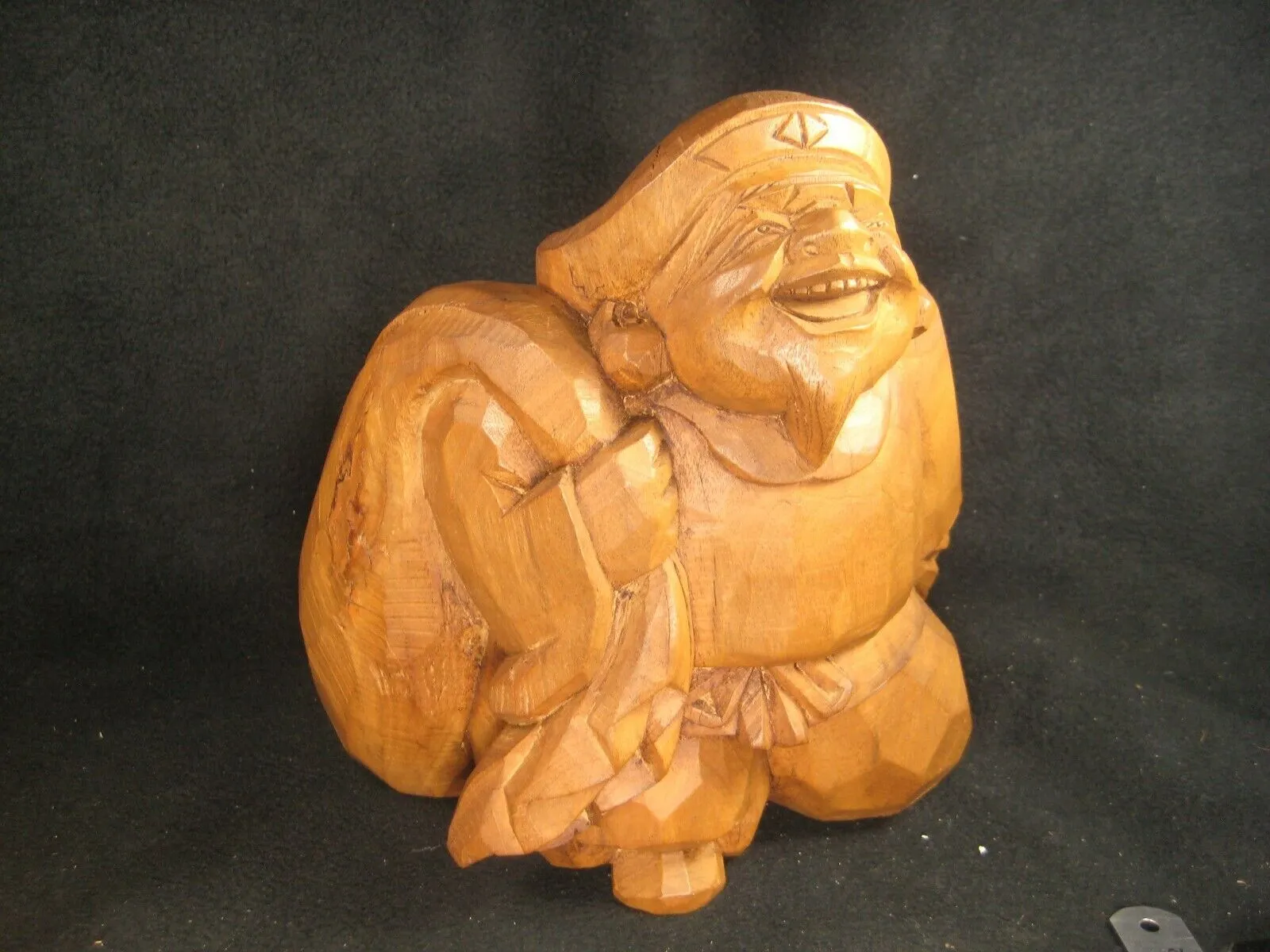 Vintage Japanese Sugi  Wood Hand Carved Statue Buddhist God Of Luck Daikoku