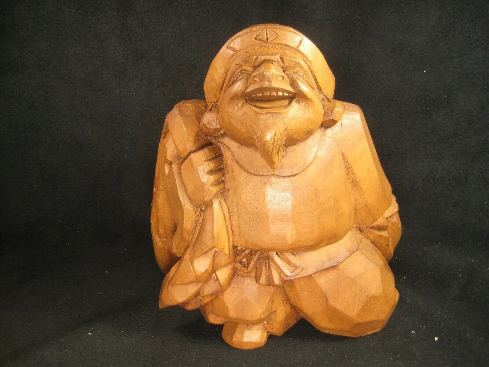 Vintage Japanese Sugi  Wood Hand Carved Statue Buddhist God Of Luck Daikoku