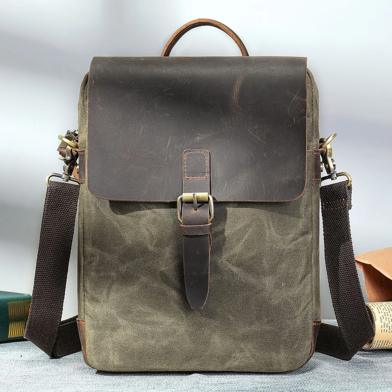 Waxed Canvas Messenger Bag with Leather Lightweight Vintage