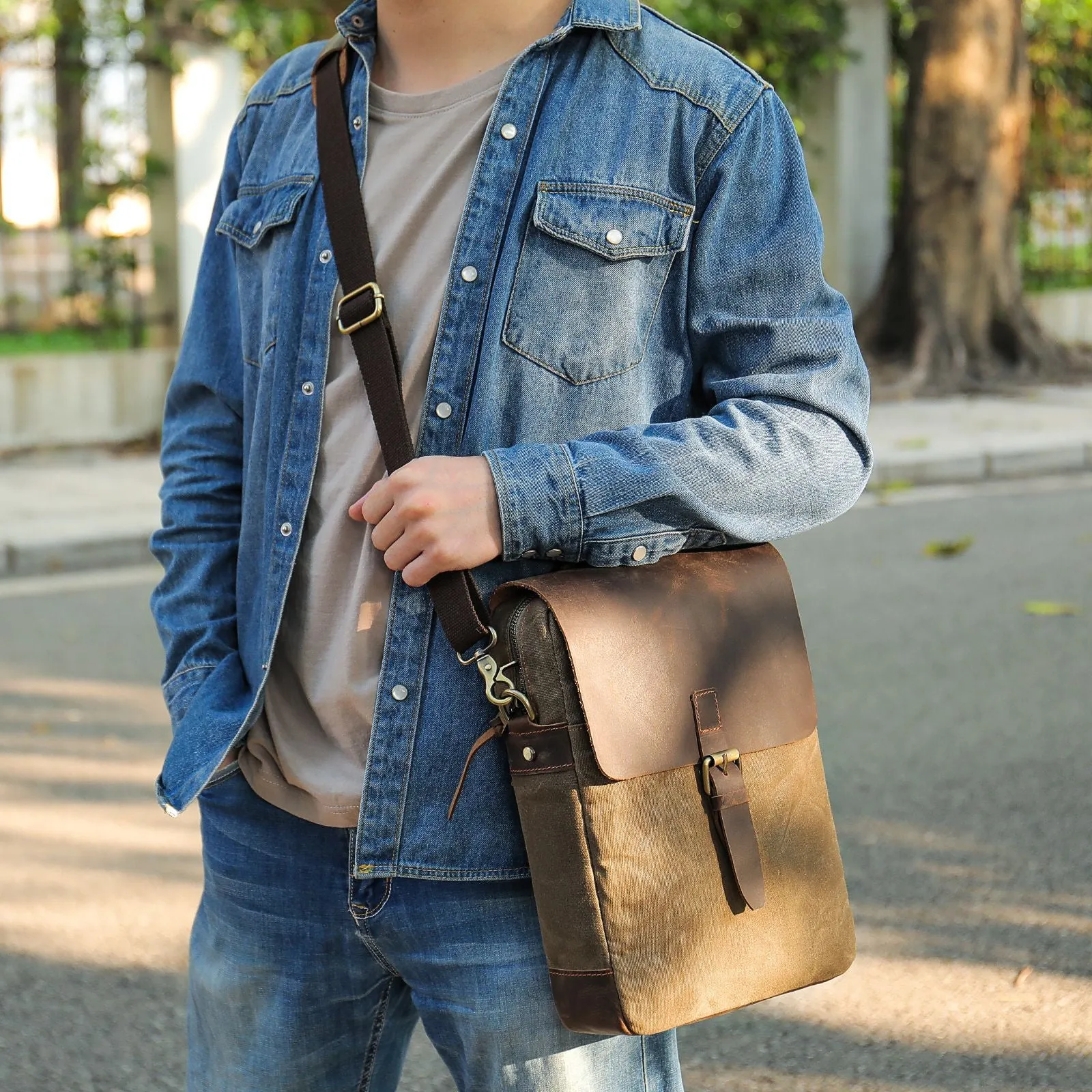 Waxed Canvas Messenger Bag with Leather Lightweight Vintage